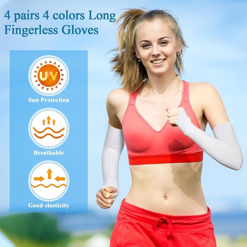 Meanplan 4 Pairs Women Sun Arm Sleeves Long Fingerless Gloves Warmers with Thumb Hole - Image 3